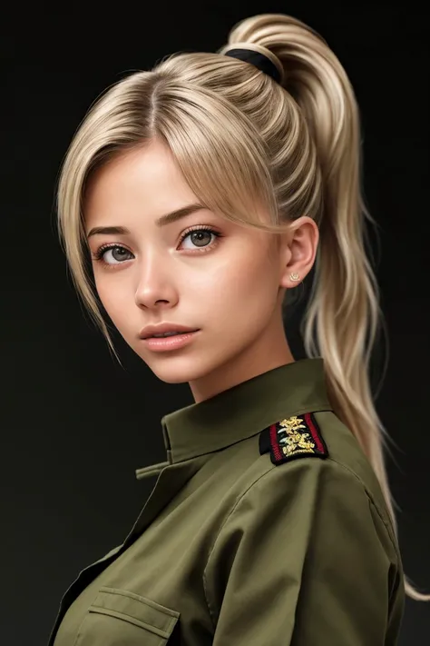 hyperrealistic rendition, ultra detailed, realistic, high definition, portrait photo of <lora:sd15_FranceskaFournier_v2:.9> FranceskaFournier glamour photography young invisible makeup, focus on face, wearing a military uniform , her hair is styled as side ponytail hair,