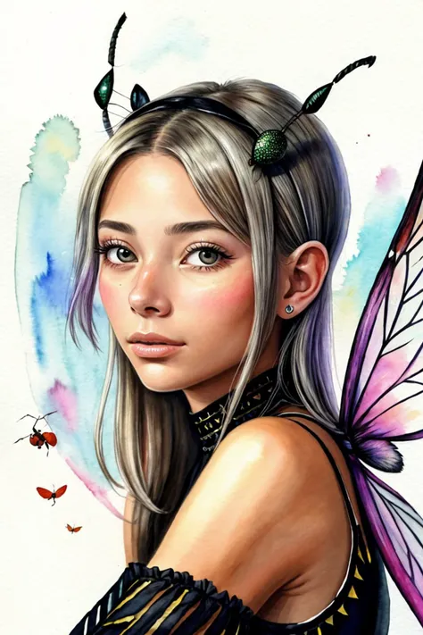 an extremely detailed, intricate watercolor painting of <lora:sd15_FranceskaFournier_v2:.9> FranceskaFournier glamour photography young invisible makeup with ant antenna on her head, she has multifaceted eyes, she has insect wings for ears