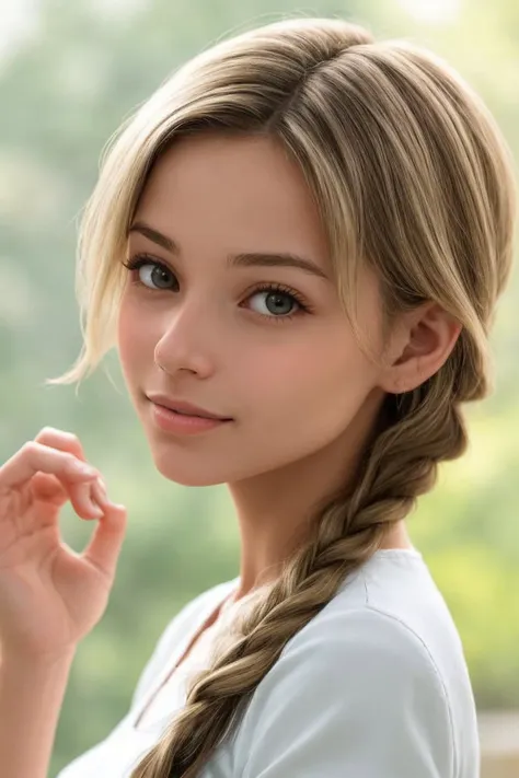 <lora:FranceskaFournier_v1:.9> FranceskaFournier, focus on eyes, close up on face, smiling, hair styled French braid hair, vignette,