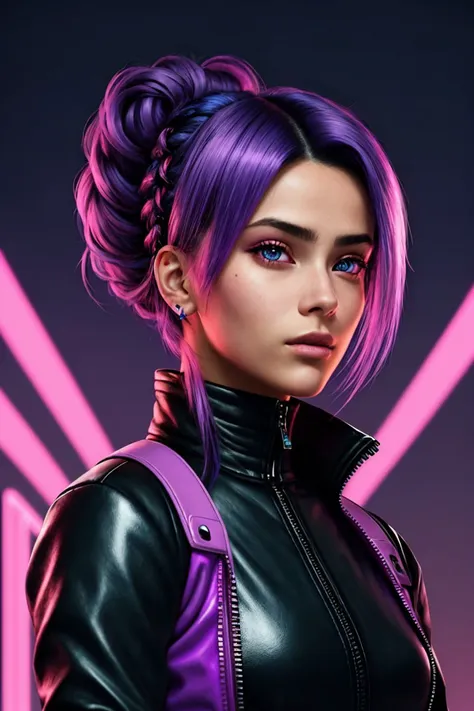 (neonpunk style, cyberpunk, vaporwave, neon, vibes, vibrant, stunningly beautiful, crisp, detailed, sleek, ultramodern, magenta highlights, dark purple shadows, high contrast, cinematic, ultra detailed, intricate, professional:1.15), portrait <lora:sd15_FranceskaFournier_v2:.9> FranceskaFournier glamour photography young invisible makeup, focus on smiling face, wearing camo , her duke blue color hair is styled as rope braid bun,