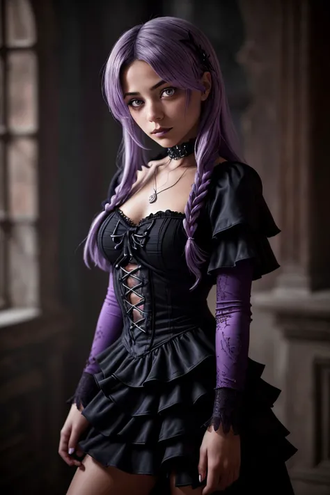 (gothic rendition, dark, macabre, highly detailed, brooding:1.15), upper body <lora:sd15_FranceskaFournier_v2:.9> FranceskaFournier glamour photography young invisible makeup, focus on face, wearing cosplay clothing , her lavender color hair is styled as layered cut,