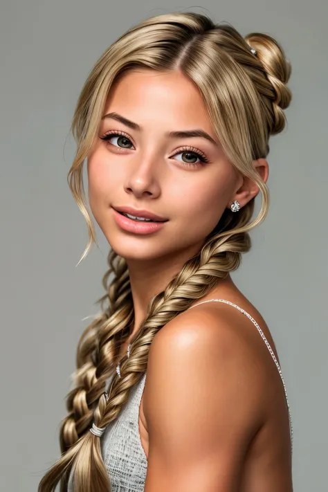 hyperrealistic rendition, ultra detailed, realistic, high definition, photo of <lora:sd15_FranceskaFournier_v2:.9> FranceskaFournier glamour photography young invisible makeup, focus on eyes, close up on face, laughing, wearing jewelry, hair styled Straight Fishtail Braid Bun,