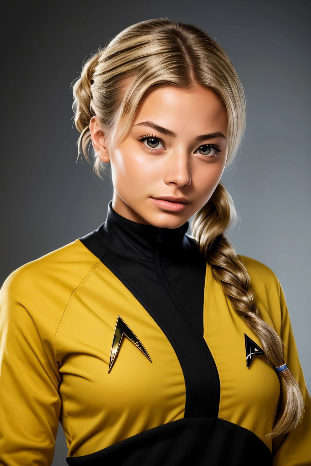 breathtaking, award-winning, professional, highly detailed, headshot photo of <lora:sd15_FranceskaFournier_v2:.9> FranceskaFournier glamour photography young invisible makeup, focus on face, wearing a star trek uniform , her hair is styled as french braid ponytail,