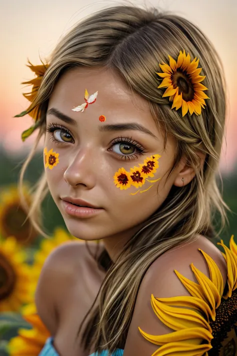 realistic photo of <lora:sd15_FranceskaFournier_v2:.9> FranceskaFournier glamour photography young invisible makeup, close up on face, focus on eyes, (sunflower face paint:1.2)