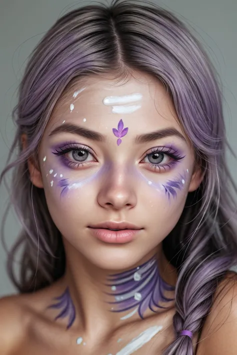 realistic photo of <lora:sd15_FranceskaFournier_v2:.9> FranceskaFournier glamour photography young invisible makeup, close up on face, focus on eyes, (lavender face paint:1.2)