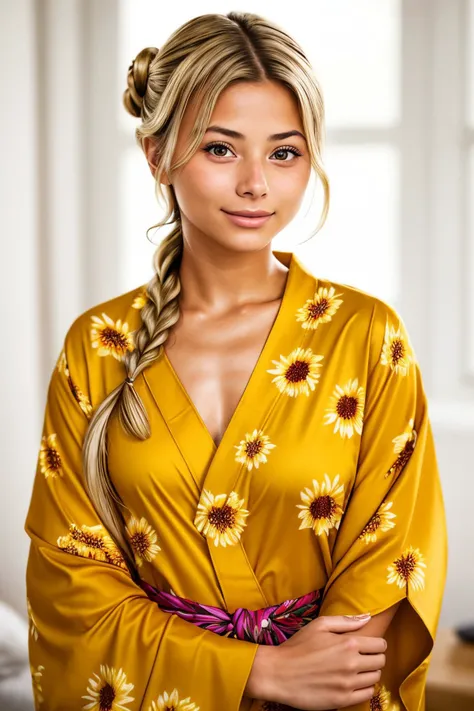 upper body photo of <lora:sd15_FranceskaFournier_v2:.9> FranceskaFournier glamour photography young invisible makeup, focus on smiling face, wearing a sunflower print kimono , her hair is styled as braid-wrapped bun,