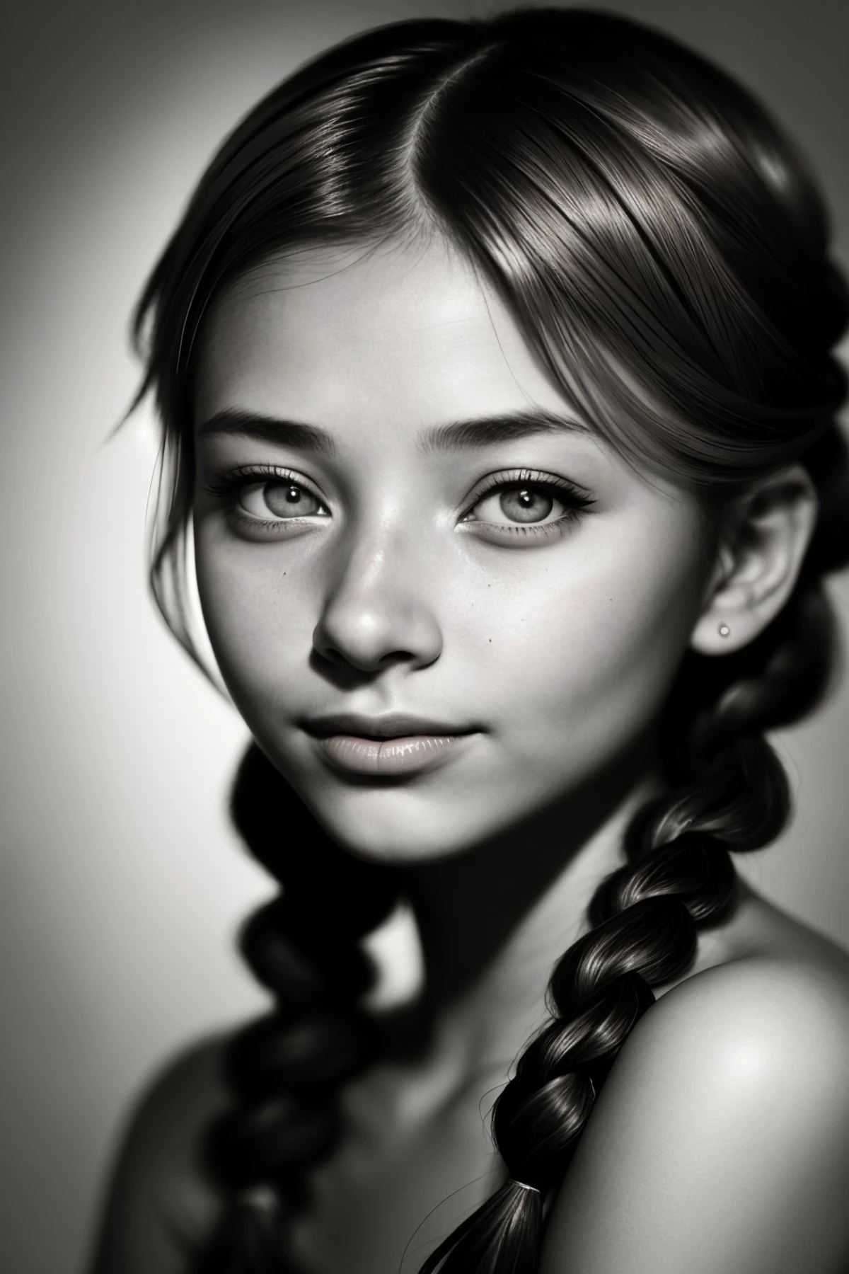 chiaroscuro portrait, high contrast, dramatic, Rembrandt lighting, photo of <lora:sd15_FranceskaFournier_v2:.9> FranceskaFournier glamour photography young invisible makeup, focus on eyes, close up on face, smiling, chili pepper color hair styled Straight Milkmaid Braid, desaturated grunge filter