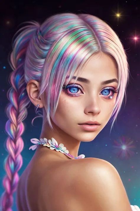 (psychedelic version, vibrant, kaleidoscopic, surreal, detailed:1.15), <lora:sd15_FranceskaFournier_v2:.9> FranceskaFournier glamour photography young invisible makeup, focus on eyes, close up on face, white color hair styled fishtail braid ponytail, lens flare