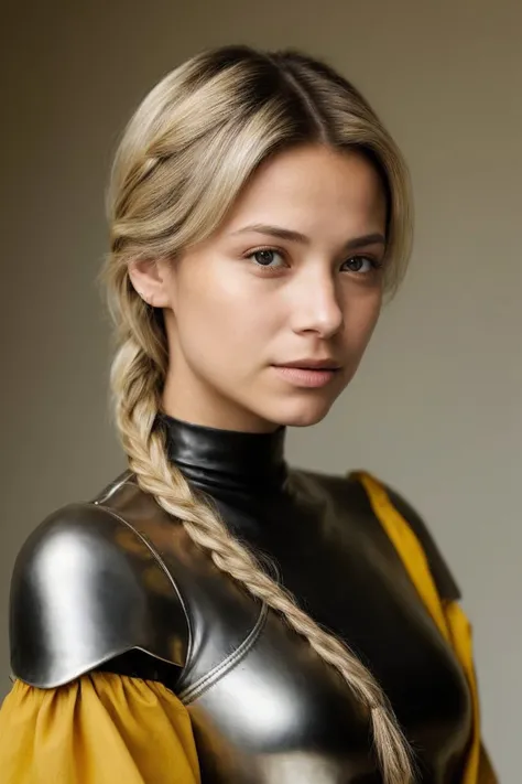 headshot <lora:FranceskaFournier_v1:.9> FranceskaFournier, focus on face, wearing leather armor , her color yellow rose hair is styled as french fishtail crown braid,