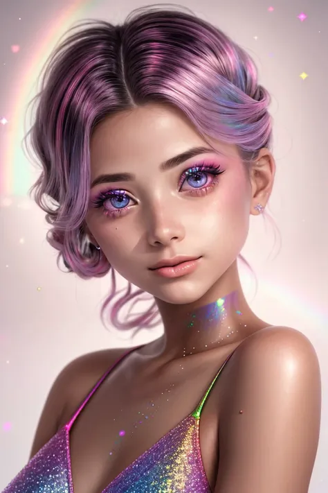 (holographic style, rainbow, shimmer, 3D effect, detailed:1.15), <lora:sd15_FranceskaFournier_v2:.9> FranceskaFournier glamour photography young invisible makeup, focus on eyes, close up on face, smile, radish color hair styled half-up chignon, black and white