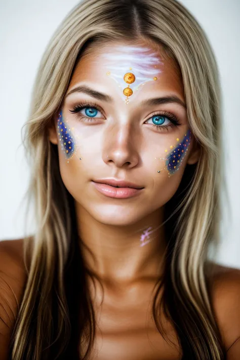 realistic photo of <lora:sd15_FranceskaFournier_v2:.9> FranceskaFournier glamour photography young invisible makeup, close up on face, focus on eyes, (astrology face paint:1.2)