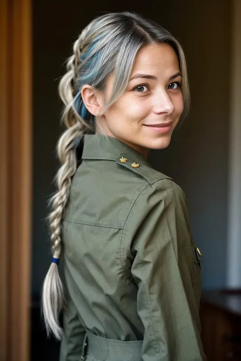 portrait <lora:FranceskaFournier_v1:.9> FranceskaFournier, focus on smiling face, from behind wearing a military uniform , her Pale Sky Blue hair is styled as Dutch braid ponytail,