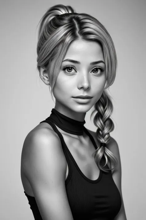 photo of <lora:FranceskaFournier_v1:.9> FranceskaFournier glamour photography young invisible makeup, focus on eyes, close up on face, Cinnamon color hair styled Straight Twisted Ponytail, black and white