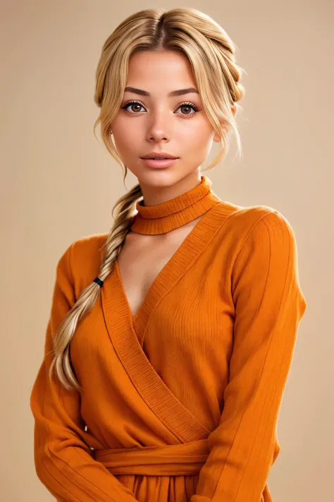 photo of <lora:FranceskaFournier_v1:.9> FranceskaFournier glamour photography young invisible makeup, focus on eyes, close up on face, apricot-orange color hair styled braid-wrapped bun,