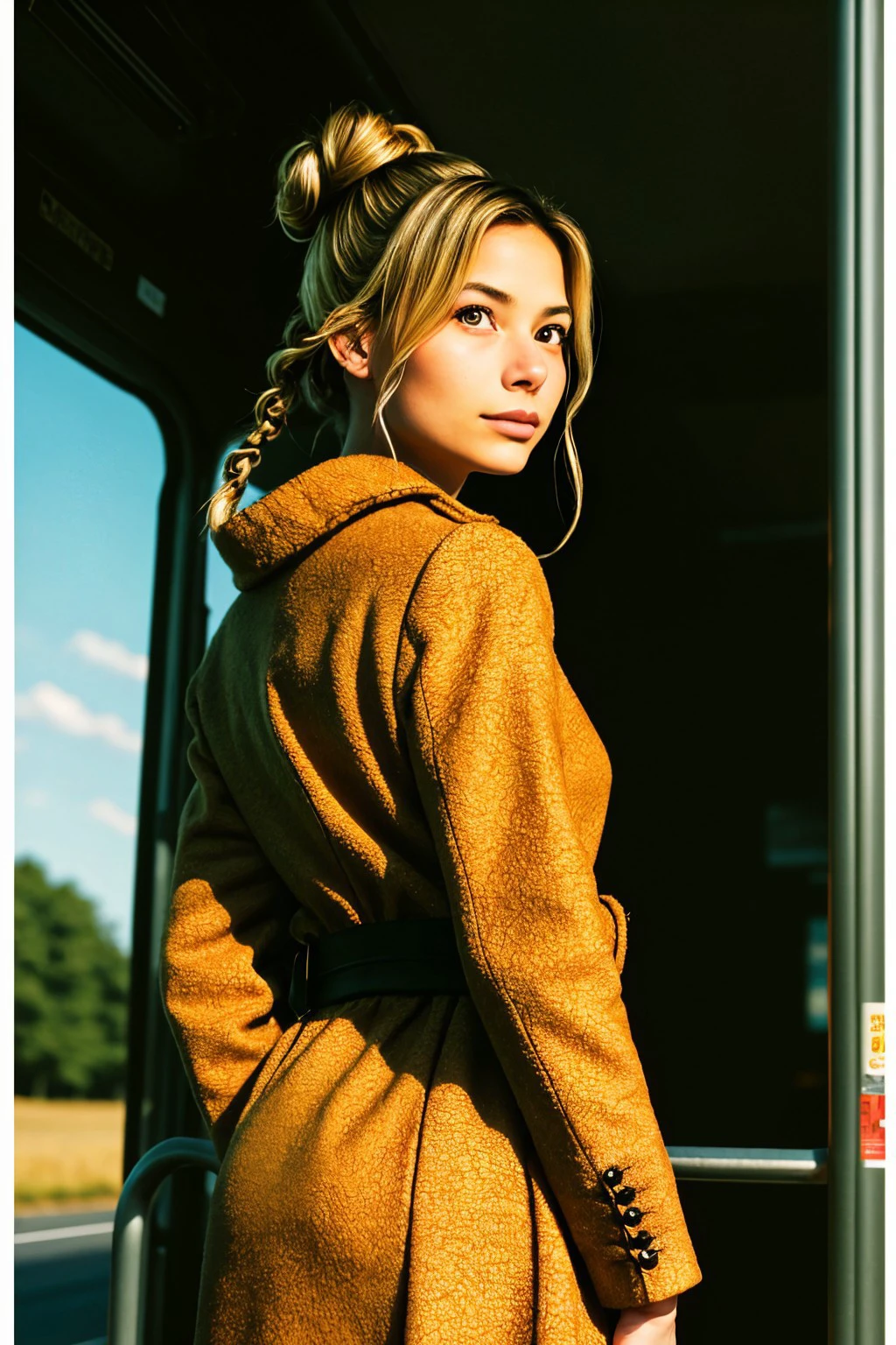(from below, headshot:1.2) photo of <lora:sd15_FranceskaFournier_v2:.9> FranceskaFournier glamour photography young invisible makeup, smiling, from behind,4:: she is wearing tiger print fur-trimmed coat , her hair is styled as braided bun, BREAK she is (waiting at a bus stop in the country:1.1), silhouetted against the light, shot on HOLGA 120n, Lomachrome ,Fujicolor Pro ,50mm ,