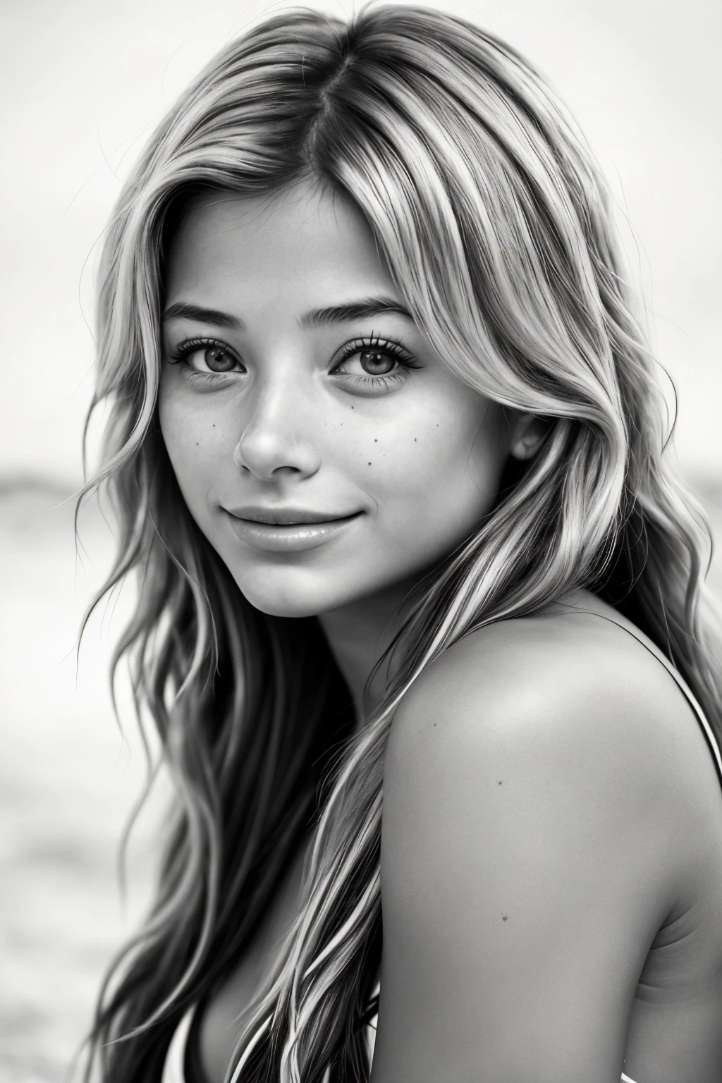 photo of <lora:sd15_FranceskaFournier_v2:.9> FranceskaFournier glamour photography young invisible makeup, focus on eyes, close up on face, huge smile, wearing jewelry, hair styled beachy waves hair, desaturated grunge filter