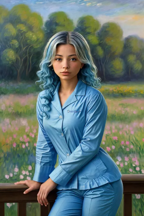 (impressionist landscape, brush strokes, atmospheric, Monet style:1.15), headshot <lora:sd15_FranceskaFournier_v2:.9> FranceskaFournier glamour photography young invisible makeup, focus on face, wearing a pant suit , her Columbia Blue hair is styled as Big Bouncy Curls,