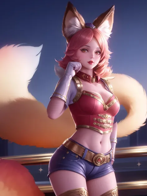 a redhead woman, very long hair falling to butt height. She is wearing a purple blouse that highlights her large breasts.. She has red fox ears, with the inside of the ears in light pink, and a red fox tail with a light pink tip. Only his left arm is completely tattooed. She has fair white skin and a slim body with blue eyes.