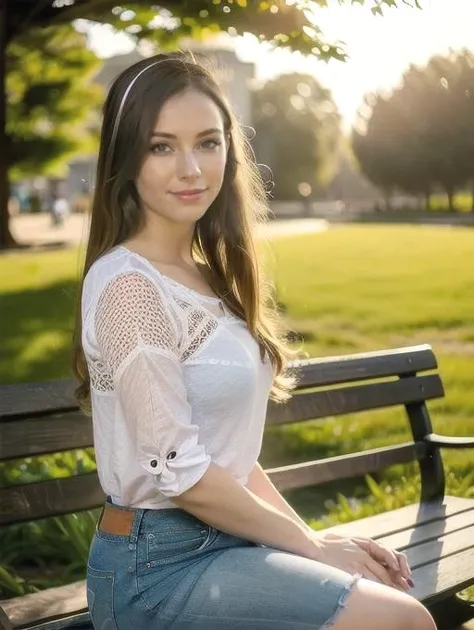 Enjinight, sitting on bench, in park, sunset, smiling at viewer, white shirt, blue jeans, portrait,(8k, RAW photo, best quality, masterpiece:1.2),ultra-detailed, (high detailed skin:1.2), 8k uhd, dslr, soft lighting, high quality, <lora:Enjinight_v4:0.77>