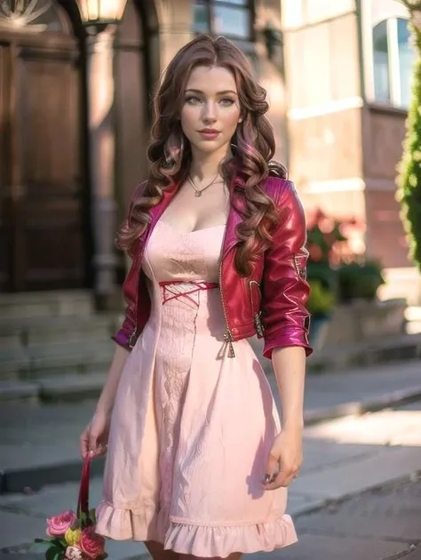 Enjinight, 1girl, aerith, red biker jacket, pink dress, red hair ribbon, (8k, RAW photo, best quality, masterpiece:1.2),ultra-detailed, (high detailed skin:1.2), 8k uhd, dslr, soft lighting, high quality, <lora:Enjinight_v4:0.77>