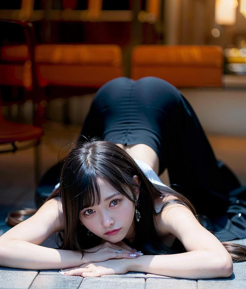 best quality, ultra high res, (photorealistic:1.4), 1girl, long dress, (full body), (closeup), wide angle, (low angle), ((flat chest)), small breasts, (black long hair:1.3), (looking at viewer), <lora:japaneseDollLikeness_v10:0.66>, <lora:jackOChallengePoseLora_jackoposefront:1.0>, jack-o' challenge, flexible, spread legs, top-down bottom-up