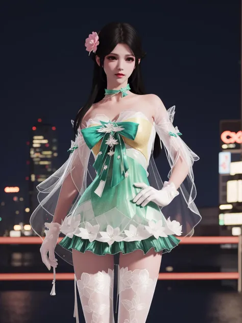 YJWJyingzipingCX, 1girl, dress, solo,white thighhighs, hair flower, gloves, long hair,choker,black hair, bare shoulders,detached sleeves, see-through, <lora:YJWJyingzipingCX:0.75>,cityscape, night,looking at viewer, mature female, hand on hip,