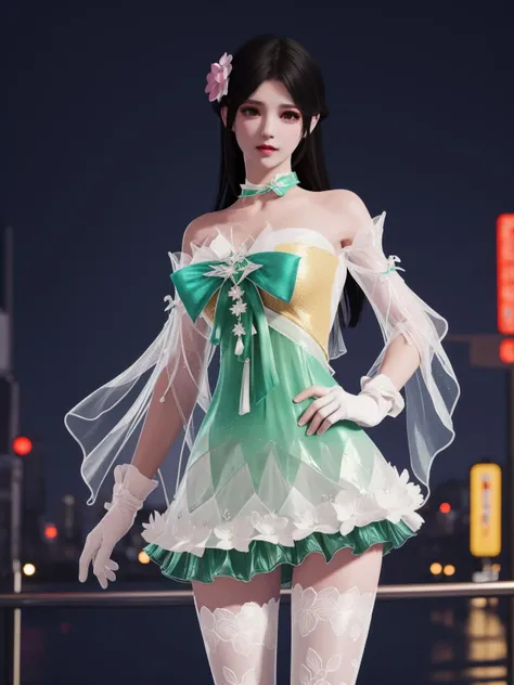 YJWJyingzipingCX, 1girl, dress, solo,white thighhighs, hair flower, gloves, long hair,choker,black hair, bare shoulders,detached sleeves, see-through, <lora:YJWJyingzipingCX:0.75>,cityscape, night,looking at viewer, mature female, hand on hip,