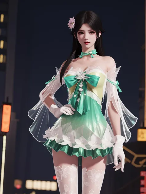 YJWJyingzipingCX, 1girl, dress, solo,white thighhighs, hair flower, gloves, long hair,choker,black hair, bare shoulders,detached sleeves, see-through, <lora:YJWJyingzipingCX:0.75>,cityscape, night,looking at viewer, mature female, hand on hip,