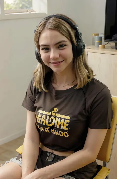 bobbi althoff, 1 mature woman, smile, waist up,   blonde hair,   facing_viewer, detailed face+brown eyes:1.3, closed mouth, wearing an anime tshirt indoors, background: sitting in a gaming chair, wearing gaming headhones,     <lora:Bobbi Althoff:1>