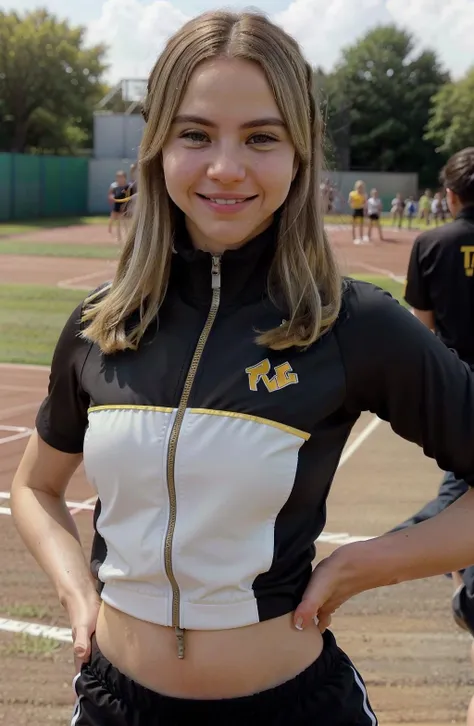 bobbi althoff, 1 mature woman, smile, waist up, blonde hair, facing_viewer, detailed face+brown eyes:1.3, closed mouth, wearing a tracksuit, outdoors, background: track and field track, <lora:Bobbi Althoff:1>