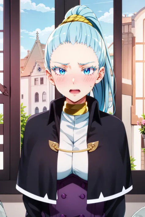 best quality, masterpiece, detailed,
<lora:MairimashitaIrumaKun_MoraxMomonoki:0.8>, Morax Momonoki,
open mouth, embarassed, blush,
long hair, blue hair, ponytail, blue eyes, colored eyelashes, scrunchie,
black capelet, uniform, gold trim, gold choker,
standing, head tilt, upper body, looking at the viewer,
outdoors, school, window