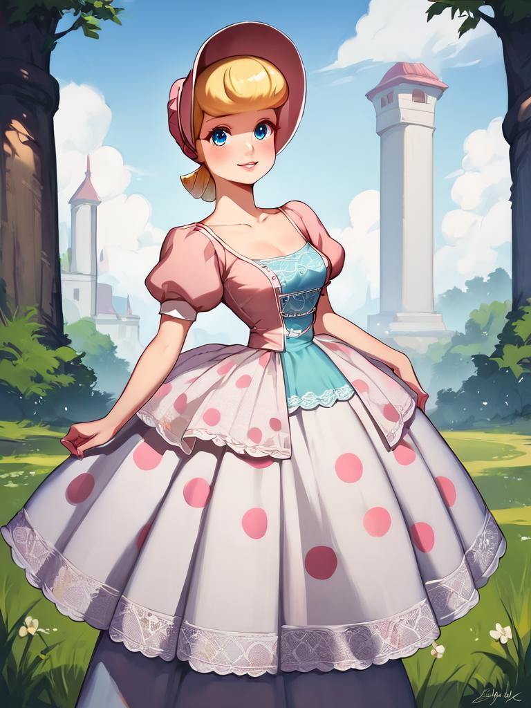 A cartoon girl in a dress and hat standing in a field - SeaArt AI