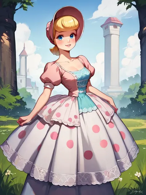 score_7_up, score_8_up, score_9, masterpiece, perfect face, perfect hands, high quality, 1girl, solo, <lora:BobeepXLP_character:1> BobeepXLP,() dress, puffy sleeves, bonnet, big skirt, skirt whit polka dot print,