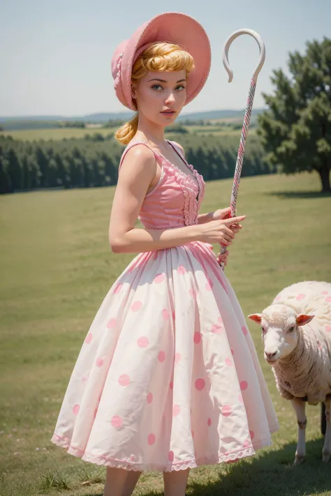 photo of a beautiful woman, (skinny:1.2), fit, detailed hair, detailed face, beautiful eyes,
((pink dress, long skirt, polka dot, pink headwear), (staff)),
(blurred sheep pasture background), (standing pose), (view of front),
erotic, elegant, sensual, seductive, (masterpiece, best quality), (photorealistic:1.4), full body, perfect illumination, (best shadow),
bopeepwaifu, <lora:BoPeep_character:0.7>