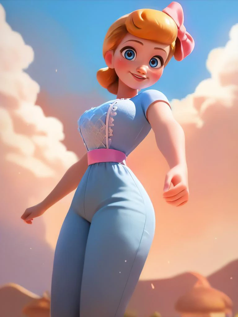 score_9, score_8_up, score_7_up, score_6_up, 1girl, blue dress, pants, pink belt, short hair, looking at viewer, dynamic angle, cowboy shot, cute, cartoon, epic pose, smile, blush, wide shot, cute eyes, magic vibes, bangs, floating hair, outdoors, detailed background, cinematic, sky, clouds, big breast, hair bow,
<lora:BobeepXLP_character:0.8> BobeepXLP <lora:DisneyStudios_style:0.8> DisneyStyleXLP