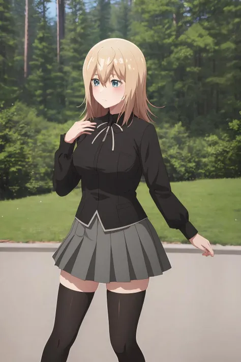 ((masterpiece, best quality, high quality, highres)):1.2,
outdoors, forest, 
black thighhighs, skirt, zettai ryouiki, black shirt, 
oliva, <lora:Oliva-09:0.8>