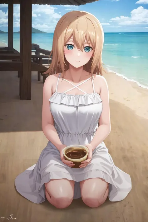((masterpiece, best quality, high quality, highres)):1.2,
outdoors, beach,
sundress, seiza,
oliva, <lora:Oliva-09:0.8>