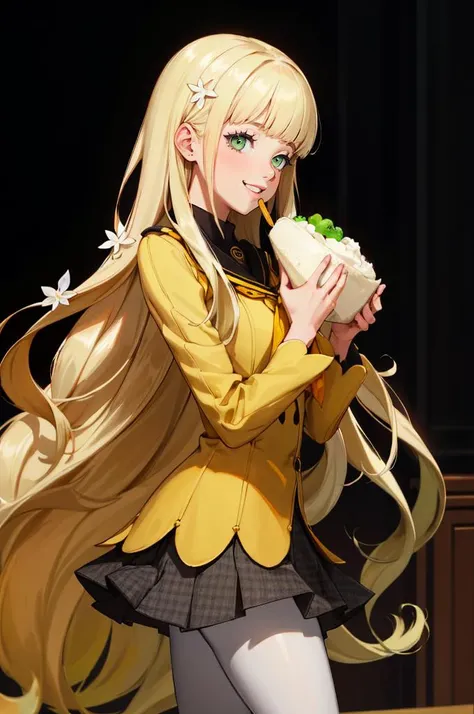 smile, holding food, lots of food, <lora:zs_Rei:1> reipq, green eyes, blonde hair, very long hair, hair ornament, yellow uniform, grey skirt, white pantyhose,, absurdres, ultra detailed, masterpiece, best quality, aesthetic, detailed,