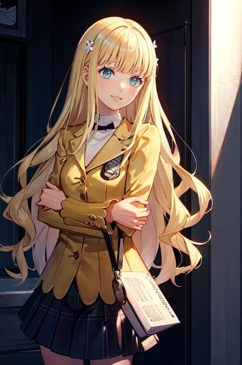 smile, holding book, holding pocket watch,  <lora:zs_Rei:1> reipq, green eyes, blonde hair, very long hair, hair ornament,    <lora:ShuujinAcademySchoolUniform:0.9> GirlUniform, shuujin academy school uniform, black jacket, plaid skirt,, absurdres, ultra detailed, masterpiece, best quality, aesthetic, detailed,