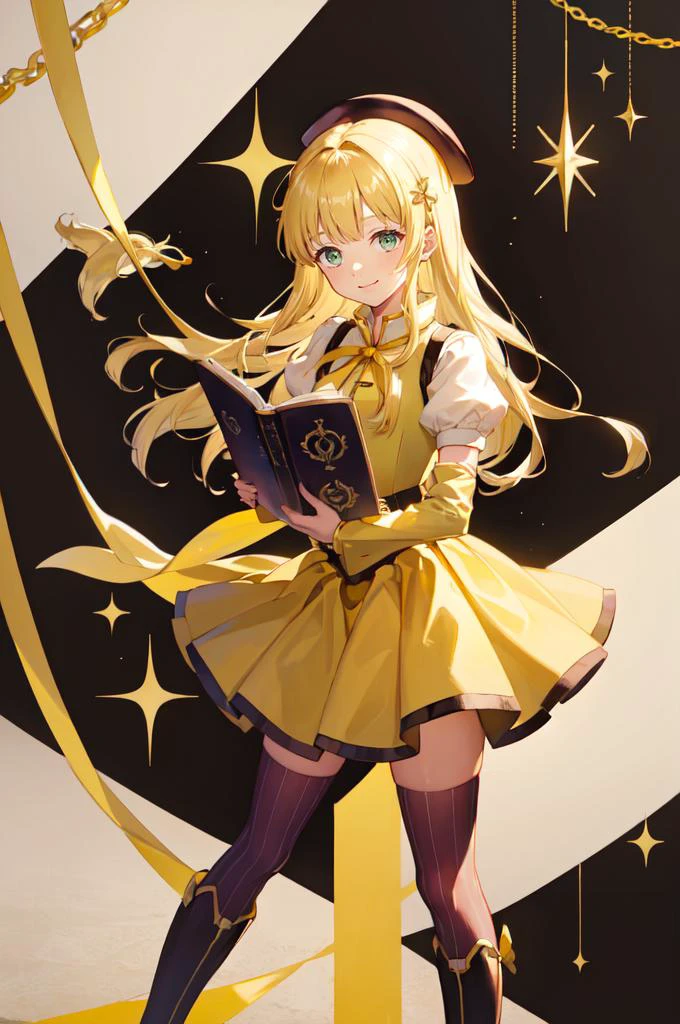 smile, holding book, holding pocket watch, <lora:zs_Rei:0.85> reipq, green eyes, blonde hair, very long hair, hair ornament, <lora:Mami:1> MamiAi, tomoe mami, magical girl, neck ribbon, hair ornament, ribbon, yellow ribbon, hairpin, skirt, shirt, thighhighs, long sleeves, hat, short sleeves, pleated skirt, boots, detached sleeves, striped, puffy sleeves, puffy short sleeves, zettai ryouiki, black headwear, beret, brown footwear, knee boots, feathers, corset, striped thighhighs, vertical stripes, high collar, brown thighhighs, yellow skirt, vertical-striped thighhighs,, absurdres, ultra detailed, masterpiece, best quality, aesthetic, detailed,