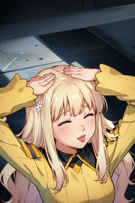 masterpiece, best quality, <lora:zs_Rei:1> reipq, very long hair, blonde hair, hair ornament, green eyes, yellow uniform,  <lora:ahetobleh-nvwls-v1-final:0.8> ahetobleh, from above, hands on own head, closed eyes, tongue
