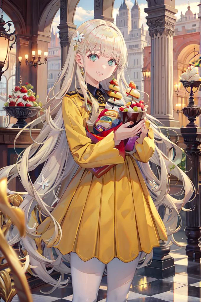 smile, holding food, lots of food, <lora:zs_Rei:1> reipq, green eyes, blonde hair, very long hair, hair ornament, yellow uniform, grey skirt, white pantyhose, cowboy shot, <lora:TorinoV71:1>, absurdres, ultra detailed, masterpiece, best quality, aesthetic, detailed,