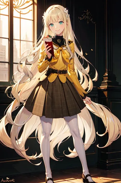 smile, holding food, lots of food, <lora:zs_Rei:1> reipq, green eyes, blonde hair, very long hair, hair ornament, yellow uniform, grey skirt, white pantyhose,, absurdres, ultra detailed, masterpiece, best quality, aesthetic, detailed,