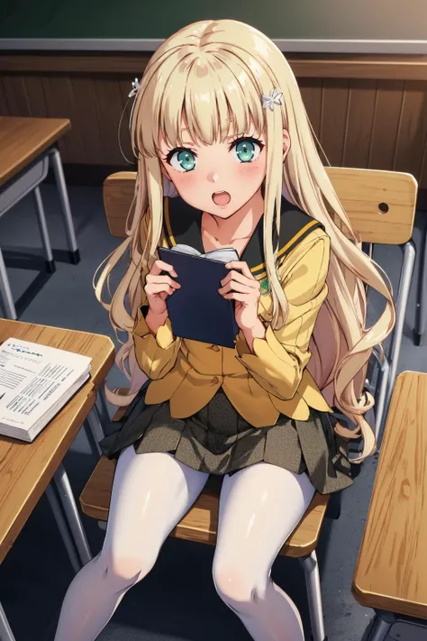 masterpiece, best quality, <lora:zs_Rei:1> reipq, very long hair, blonde hair, hair ornament, green eyes, yellow uniform, grey skirt, white pantyhose, sitting, chair, desk, classroom, from above, blush, holding book