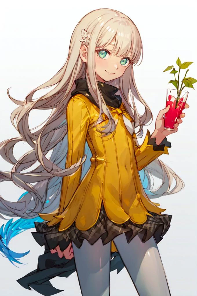smile, holding food, lots of food, <lora:zs_Rei:1> reipq, green eyes, blonde hair, very long hair, hair ornament, yellow uniform, grey skirt, white pantyhose, cowboy shot, <lora:NakayamaTooru:1> sketch, mecha,, absurdres, ultra detailed, masterpiece, best quality, aesthetic, detailed,