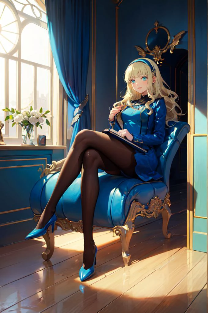 smile, holding book, holding pocket watch, <lora:zs_Rei:1> reipq, green eyes, blonde hair, very long hair, hair ornament, <lora:Velvet-Room-F-OutfitV2_Fp:0.9> velvetfoutfitv2, pantyhose, hairband, (blue room, blue chaise longue:1.3),, absurdres, ultra detailed, masterpiece, best quality, aesthetic, detailed,