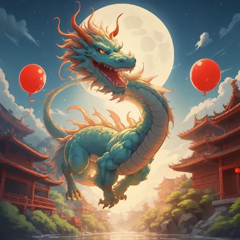 <lora:DragonsTemple:0.5>, a dragon, with paws, body dragon, (temple:1.1), bright, tail, moon festival, party balloons, night, moon glow, anime, design, studio ghibli