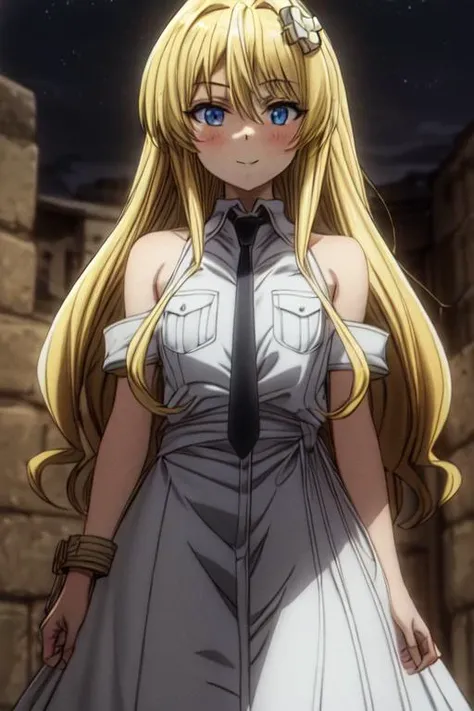 (masterpiece, best quality, ultra detailed, absurdres)1.5, 1girl, (sexy, beautiful woman, perfect face, perfect eyes, perfect female body)1.5, (kisaragi alice, blonde hair, blue eyes, hair ornament, flat chest, bangs, long hair, extremely detailed clothes, smile, arabarmor, <lora:Kisaragi Alice:0.8>, <lora:ARWArabArmor:0.8>), (standing, oasis), night, smooth, hdr, <lora:more_details:0.7>