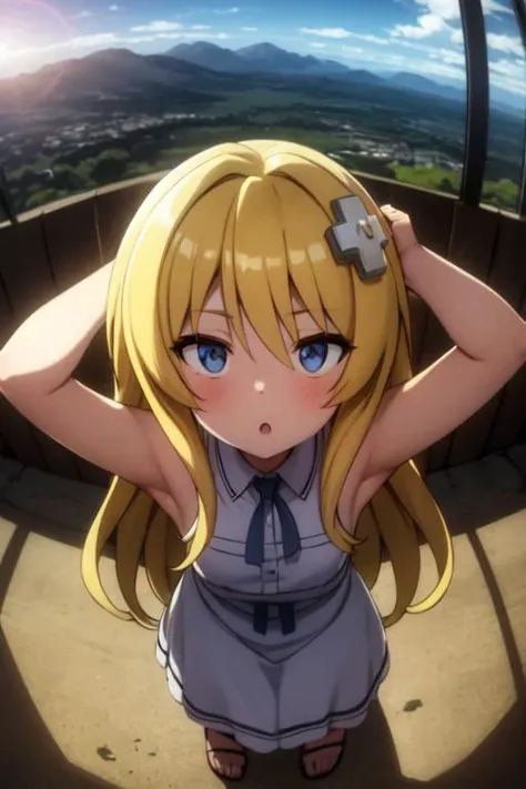 masterpiece, best quality, best quality, (Intricate detailed:1.2), beautiful eyes, 1girl, solo, outdoors, dessert, blue sky, cloudy, mountain, bokeh, lens flare, depth of field, seductive face, horny face, :o, showing armpits, hands behind head, looking at viewer, kisaragi alice, yellow hair, blue eyes, hair ornament, flat chest, squatting, from above, wide shoot, fisheye, <lora:alicekisaragi:0.5>