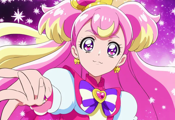 1girl, cure wonderful, wonderful precure!, <lora:wonderfulXLv2:0.7>,long hair, pink hair, multicolored hair, pink eyes, magical girl,
okakugohayorosikute,reaching out,portrait,pink background,sparkle,light particles,<lora:okakugohayorosikuteXL4:1>,
masterpiece,best quality